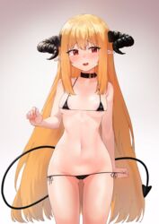 1girls black_panties blonde_hair blush choker demon_girl embarrassed happy horns long_hair micro_bikini nervous open_mouth panties pointy_ears shy shy_smile simple_background small_breasts solo solo_female undressing very_long_hair wweed