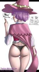 ass ausoh back_view big_ass big_butt black_clover black_panties blush butt cloak dorothy_unsworth english_text female_focus heart looking_back nozel_silva panties purple_eyes purple_hair short_purple_hair showing_ass showing_off smug teasing text thick_ass thigh_gap thighs watermark witch witch_hat