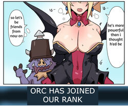 1boy 1girls big_breasts blonde_hair breasts disgaea disgaea_2 elf elf_female english_text female huge_breasts kunaboto light-skinned_female light_skin male male/female monster nippon_ichi_software orc orc_(disgaea) orc_male rozalin text translated venus_body