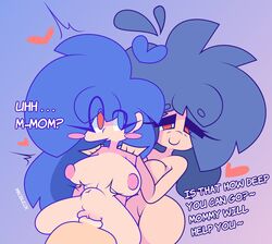 1boy 2girls becky_(mrcbleck) blue_hair blush breasts breasts_out daughter milf mrcbleck naked original original_character red_eyes sex stomach_bulge text vaginal_penetration