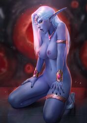 1girls blizzard_entertainment blue_skin breasts elf elf_ears fainxel female female_only glowing_eyes golden_eyes hands_on_thighs jewelry long_ears long_eyebrows long_fingernails long_hair medium_breasts night_elf nipples nude on_knees pointy_ears queen_azshara solo solo_female solo_focus white_hair world_of_warcraft yellow_eyes