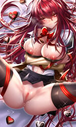 arms_under_breasts arousal aroused been big_breasts breasts breasts_out censored elesis_(elsword) exposed_breasts hair_between_eyes leggings legs_spread long_hair looking_down no_panties pussy red_eyes red_hair skirt skirt_around_belly sweat sweatdrop vagina