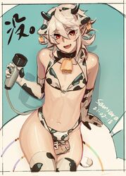 1boy armwear bare_thighs bulge corrin_(fire_emblem) corrin_(fire_emblem)_(male) cow_bikini cow_boy cow_print cow_print_armwear cow_print_legwear cute_male elbow_gloves femboy fire_emblem fire_emblem_fates gloves legwear looking_at_viewer male_only milk milking_machine nintendo red_eyes samsara samsara_(shuukeura) short_hair smile thighhighs year_of_the_ox