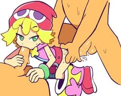 1girls 1her00 2boys ambiguous_penetration amitie beanie blonde_hair drooling female hat male puyo_puyo puyo_puyo_artstyle puyo_puyo_fever saliva sega short_hair spitroast tagme threesome