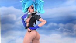 1girls 3d anus artist_request ass blue_eyes blue_hair bottomless dat_ass evie_(paladins) female female_only finger_in_mouth paladins pale-skinned_female petite pussy small_breasts solo teenager twintails