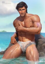 1boy abs appasart black_hair blue_eyes colored disney erection erection_under_clothes male male_focus male_only manly muscular penis_under_clothes prince_eric sea the_little_mermaid thick_thighs underwear water wet_body wet_clothes wet_underwear white_underwear