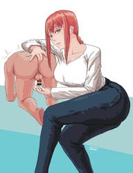 1boy 1girls anal_fingering backsack chainsaw_man clothed_female_nude_male female femdom fingering handjob lolicaust makima_(chainsaw_man) male male_anal male_penetrating mappa milking_handjob shounen_jump small_penis