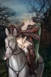 2boys aivelin anal anal_sex animal arms_around_chest attack_on_titan black_hair blonde_hair boots closed_eyes erwin_smith gay hand_on_neck horse jean_kirstein kissing levi levi_ackerman male male/male male_only on_horse outdoors penetration penis penis_in_ass riding_horse sex sex_on_horse shingeki_no_kyojin uniform yaoi