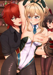 1boy 2girls alcohol amber_(genshin_impact) animal_ears armpit_fetish armpit_licking armpits beer blonde_hair blue_eyes breast_grab breasts bunny_ears bunny_girl cleavage diluc_(genshin_impact) female fingering genshin_impact grabbing groping highres jean_gunnhildr leotard licking male multiple_girls nipples pantyhose perdia playboy_bunny red_eyes red_hair saliva sweat tongue