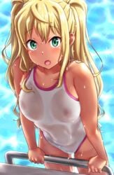 1girls :o absurdres bare_shoulders blonde_hair blush breasts competition_swimsuit cowboy_shot dumbbell_nan_kilo_moteru? erect_nipples fang female female_only green_eyes gyaru highres kobamiso_(kobalt) long_hair looking_at_viewer medium_breasts one-piece_swimsuit open_mouth partially_submerged pool pool_ladder poolside sakura_hibiki_(dumbbell_nan_kilo_moteru?) see-through solo solo_female swimsuit tan tan_skin twintails water wet wet_clothes wet_swimsuit white_swimsuit