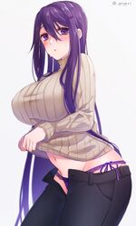 1girls belly_button big_breasts black_pants breasts curvy curvy_female doki_doki_literature_club female_only g-string geppei horny huge_breasts looking_at_viewer navel only_female panties pants pants_open purple_eyes purple_g-string purple_hair purple_panties purple_thong side_tie_panties sweater thong unbuttoned unbuttoned_pants yuri_(doki_doki_literature_club)