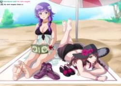 alternate_costume ass barefoot bikini book brown_hair cleavage dorothea_arnault dorothea_arnault_(summer) feet fire_emblem fire_emblem:_the_sacred_stones fire_emblem:_three_houses fire_emblem_heroes green_eyes hat large_breasts long_hair looking_at_viewer lute_(fire_emblem) lute_(summer)_(fire_emblem) medium_hair nintendo on_stomach open_toe_shoes purple_eyes purple_hair reading sandals sandals_removed smile soles sun_hat swimsuit the_dark_mangaka the_pose unworn_shoes