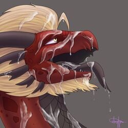 adrim blonde_hair bodily_fluids cum cum_in_hair cum_on_face cum_on_tongue dragon feral genital_fluids grey_background hair looking_pleasured male red_body reptile scalie simple_background solo tongue western_dragon yellow_eyes