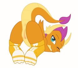 anus apinkgrape clothing dragon female footwear friendship_is_magic genitals hasbro hi_res my_little_pony one_eye_closed pussy simple_background smolder_(mlp) socks solo white_background wink young