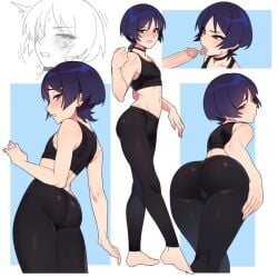 2boys ariel_lopez arilopez550 arisu big_ass bottom_heavy bubble_ass bubble_butt femboy feminine_male genshin_impact leggings male male_focus male_only male_penetrating oral_sex presenting_butt purple_hair sassy scaramouche_(genshin_impact) short_hair sissy sports_bra sportswear thick_thighs wide_hips yaoi