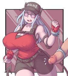 1boy 1girls 2021 big_breasts big_penis breasts demon demon_girl demon_tail erection female fingerless_gloves gloves handcuffs helltaker justice_(helltaker) kittenboogers large_breasts long_hair male nipple_bulge penis police police_hat shorts sunglasses tail tinted_eyewear white_hair