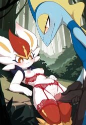anthro anthro_on_anthro breasts cinderace humanoid_penis imminent_penetration imminent_sex imminent_vaginal inteleon lingerie lingerie_panties medium_breasts nintendo nipples penis pokemon_(species) pussy