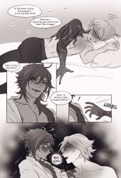 blue_eyes blue_hair dainsleif_(genshin_impact) dark_skin genshin_impact greyscale heat hoyoverse kaeya_(genshin_impact) long_hair male omegaverse sketch yaoi