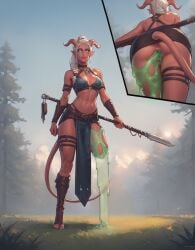 ai_generated amputee braid braided_hair double_penetration glowing_eyes green_slime leg_amputee loincloth macfiz outdoors red_skin slime sun symbiosis symbiote tiefling weapon white_hair
