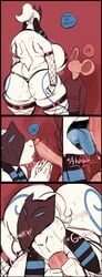 anthro blowjob comic fellatio izzy223 kindred lamb_(league_of_legends) large_ass large_breasts league_of_legends male/female mouse open_mouth sweat text_bubble thick_thighs thighhighs tongue_out vixxystix