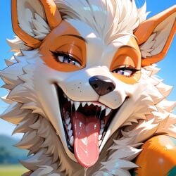 ai_generated arcanine black_lips drool drool_string fangs female looking_at_viewer pokemon pokemon_(species) saliva sexy_eyes teeth two_colored_eyes
