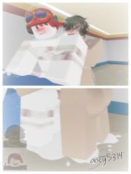 2025 3d anal_sex bandaged_arm bandaged_chest bandaged_leg bandages blush brown_hair cum cum_in_ass cumming cumming_together edited gay gay_sex glasses_on_head headphones military_helmet night_vision_goggles penetration penis red_cap red_hair reference_image roblox roblox_avatar roblox_oc roblox_studio robloxian