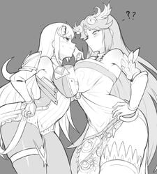 2girls bagelbomb big_ass big_breasts black_and_white blush breast_press jealous kid_icarus long_hair monochrome mythra palutena super_smash_bros. thick_thighs xenoblade_(series) xenoblade_chronicles_2