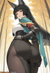 1girl 1girls ai_generated animal_ears anime artist_name ass ass_grab black_hair black_necktie black_pantyhose black_skirt blunt_bangs breasts closed_mouth forest fox_ears from_behind from_below gauntlets hand_on_own_ass hand_on_own_hip hi_res high_quality high_resolution highres hime_cut hoshimi_miyabi hoyoverse large_breasts long_hair looking_at_viewer looking_back mihoyo nature necktie nuunaki outdoors pantyhose patreon patreon_logo patreon_url patreon_username red_eyes skirt smile solo tree watermark zenless_zone_zero