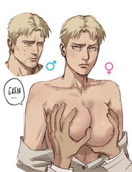 attack_on_titan bare_breasts bare_shoulders blonde_hair breast_grab breasts clmbo eren_jaeger genderswap_(mtf) nipples reiner_braun rule_63 shingeki_no_kyojin tears text text_bubble