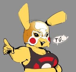anthro aroused clothed clothes clothing cosplay_pikachu dialogue español estebon89 furry heart-shaped_pupils horny looking_at_viewer mask masked pikachu pikachu_libre pointing_at_viewer pokemon pokemon_(species) simple_background spanish spanish_dialogue spanish_text speech sweat sweatdrop text