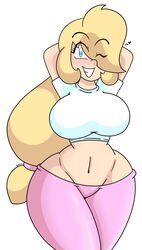 belly belly_button big_breasts bimbo blonde_hair blue_eyes curvy daisy-pink71 daisy_(daisy-pink71) happy hourglass_figure ponytail smile thick thick_thighs thin thin_waist voluptuous wide_hips wink yoga_pants