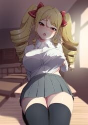 1girls absurdres blonde_hair blush bra_visible_through_clothes breasts brown_eyes ceiling classroom collared_shirt commentary_request desk drill_hair female grabbing_own_breast grey_skirt hair_between_eyes hair_ribbon highres kneeling long_hair looking_at_viewer mole on_desk open_mouth original pleated_skirt ribbon ringlets sakamata_(sakamata4) school_desk school_uniform shirt skirt solo thighhighs twin_drills white_shirt window zettai_ryouiki