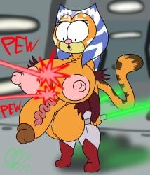 1futa 1girls ahsoka_tano background balls ballsack barely_clothed big_balls big_breasts big_nipples big_penis blurred_background blurry_background boots bracers breast_focus breasts breasts_bursting_out breasts_out breasts_outside bursting_breasts bursting_clothes bursting_out_of_clothing bursting_penis cat_humanoid cat_nose cat_tail catgirl cleavage clothes clothing color colored copyright_request detailed_background dual_wielding erect_nipples erect_penis erection erection_through_clothing eyelashes eyes_wide_open female front_view fur fusion fusion_character futa_focus futa_only futanari garfield_(series) garfield_the_cat genitals hair laser laser_beam leggings lightsaber long_hair looking_at_breasts looking_at_self looking_down mad_(series) nipples nipples_out nipples_outside onyx_twilight orange_fur penis pew practically_nude revealing_clothes spacecraft spaceship_interior standing star_wars sudoku_(mad) surprised surprised_expression text togruta topless vein veins veiny veiny_penis weapon weapons wide_eyed