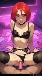 ai_generated bedroom black_choker black_panties black_stockings breasts condom disney looking_at_viewer neon_lights penis penis_in_pussy pink_condom red_eyes red_hair short_hair small_breasts stockings top_view w.i.t.c.h. will_vandom