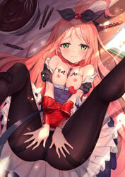 alternate_costume between_breasts black_legwear blush breasts caron_(straycat910) character_name chocolate collar english_text enmaided female forehead green_eyes long_hair maid original panties panties_under_pantyhose pantyhose pink_hair small_breasts solo underwear