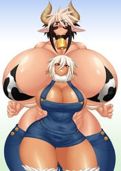 2girls abs animal_ears bikini_top blush bovine breasts breasts_bigger_than_head caprine cathyl_(monster_musume) cleavage cow_ears cow_girl cow_horns cow_print curvy female_focus female_minotaur female_only gigantic_breasts head_in_chest hips holding_breast horns huge_breasts kailyn larger_female minotaur minotaur_girl monster_girl monster_musume_no_iru_nichijou saane_(monster_musume) satyr short_hair smaller_female smiling thick_thighs wide_hips