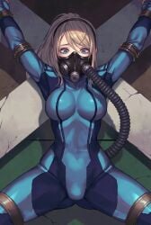 afraid ai_generated blonde_female blonde_hair blue_eyes bondage gas_mask hidden_mouth restrained samus_aran x_cross_(bdsm) zero_suit zero_suit_samus