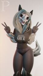 2021 3d 3d_(artwork) absurd_res ahe_gao anthro black_body black_claws black_clothing black_fur blender_(software) bone bottomless bottomless_female canid canine claws clothed clothing digital_media_(artwork) double_peace_sign double_v female fur grey_hair hair hi_res mal0 malo mammal monster navel partially_clothed peterlangtonsfm scp-1471 scp-1471-a scp_foundation shirt skull skull_head solo t-shirt tail_tuft text text_on_clothing text_on_shirt text_on_topwear tongue tongue_out topwear tuft v white_eyes