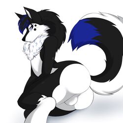 1:1 anthro ass balls canid canine canis epalisk fluffy fluffy_tail fur genitals hi_res kapusta123 male male_only mammal multicolored_body multicolored_fur presenting_balls rear_view simple_background solo white_body wolf