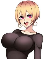 1girls big_breasts blonde_hair camui_kamui_(hz_666v) cute cute_fangs earrings fang female female_only happy light-skinned_female light_skin magenta_eyes open_mouth original short_hair smile solo thin thin_waist tight tight_clothing tight_fit very_short_hair