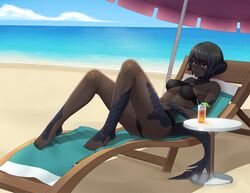 1girls alexw95 au_ra barefoot beach beach_chair bikini black_hair breasts dark_skin dragon_girl drink feet female female_only final_fantasy final_fantasy_xiv green_eyes horns lying_down mascara ocean parasol purple_eyes sand scales smile solo sunset tail toes xaela