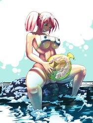 1animal 1futa big_breasts big_penis bikini_top bottomless clothed clothing cum cum_in_mouth deepthroat ejaculation erect_nipples_under_clothes excessive_cum feral fish fishjob futa_on_feral futa_only futanari green_eyes human human_on_feral human_penetrating irrumatio large_breasts light-skinned_futanari light_skin living_sex_toy majalis mostly_nude oral orgasm pale_skin penis pink_hair smile solo water zoophilia