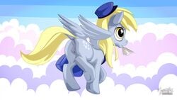 16:9 anus ass blonde_hair clothing cloud cutie_mark derpy_hooves digital_media_(artwork) equid equine feathered_wings feathers female female_focus female_only feral friendship_is_magic genitals grey_body grey_skin hair hasbro hat headgear headwear hi_res mammal mouth_hold my_little_pony mysticalpha outside pegasus pussy signature solo three-quarter_view underhoof widescreen wings yellow_eyes yellow_tail