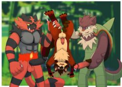 anthro balls barazoku blush bodily_fluids breasts brown_body brown_fur canid canine chesnaught coffeecat4321 digital_media_(artwork) erection fur genital_fluids genitals group humanoid_genitalia incineroar male male/male male_only mammal muscular muscular_anthro muscular_male nintendo nude open_mouth penis pokémon_(species) pokemon raccoon_dog red_body red_fur tanuki tongue video_games