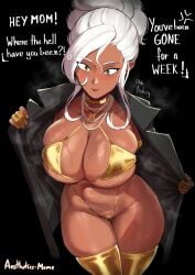 1girls aestheticc-meme big_breasts breasts dark-skinned_female female gold_bikini hi_res huge_breasts looking_at_viewer milf older_female sabrina_(aestheticc-meme) sweat sweatdrop sweating white_hair