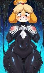 ai_generated animal_crossing anthro breasts dcx32 female furry goo isabelle_(animal_crossing) liquid_latex marvel nipples she-venom slime solo sticky symbiote symbiote_suit symbiote_takeover tagme transformation