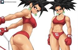 1girls abs ass base_form_kefla black_hair blush boxing_gloves cleavage dragon_ball dragon_ball_super earrings echosaber female female_only female_saiyan fusion kefla muscular_female potara_fusion shounen_jump smile solo sports_bikini sports_bra tomboy universe_6 universe_6/universe_7 universe_6_girls