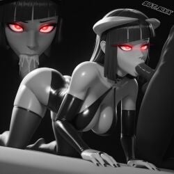 ai_assisted black_and_white black_hair black_nails blowjob busty cum_in_mouth demon_girl demon_horns eyeliner glowing_eyes leather_clothing on_bed on_knees panels phalia phalia_(the_cum_zone_trilogy) red_eyes sgt.sixx straight_hair thick_ass thick_thighs thighhighs