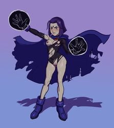 1girls areolae battle_damage big_breasts blush breasts cartoon_network dc dc_comics demon_girl female female_only forehead_jewel grey_skin nipples partially_nude pears_(artist) purple_eyes purple_hair rachel_roth raven_(dc) short_hair simple_background solo straight_hair superheroine teen_titans torn_clothes