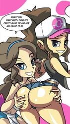 2girls apron ass ass_grab blue_eyes brown_hair cap daughter english_text female game_freak hairband hilda_(pokemon) hourglass_figure incest jean_shorts long_brown_hair long_hair long_ponytail looking_at_viewer looking_back_at_viewer manic47 milf mother mother_(pokemon_bw) mother_and_daughter multiple_girls pokeball_logo pokemon pokemon_bw ponytail presenting_ass screenshot speech_bubble talking_to_viewer text vest yuri